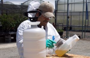 Pesticide applicator reading pesticide label