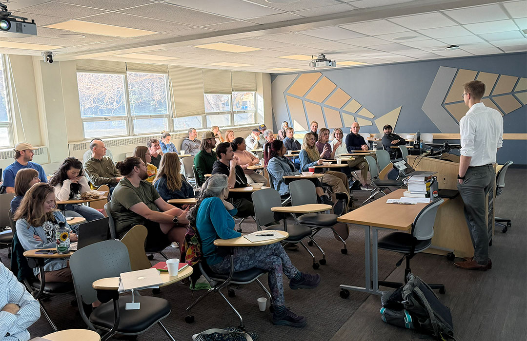 Jacob VanderRoest giving his defense in front of an audience