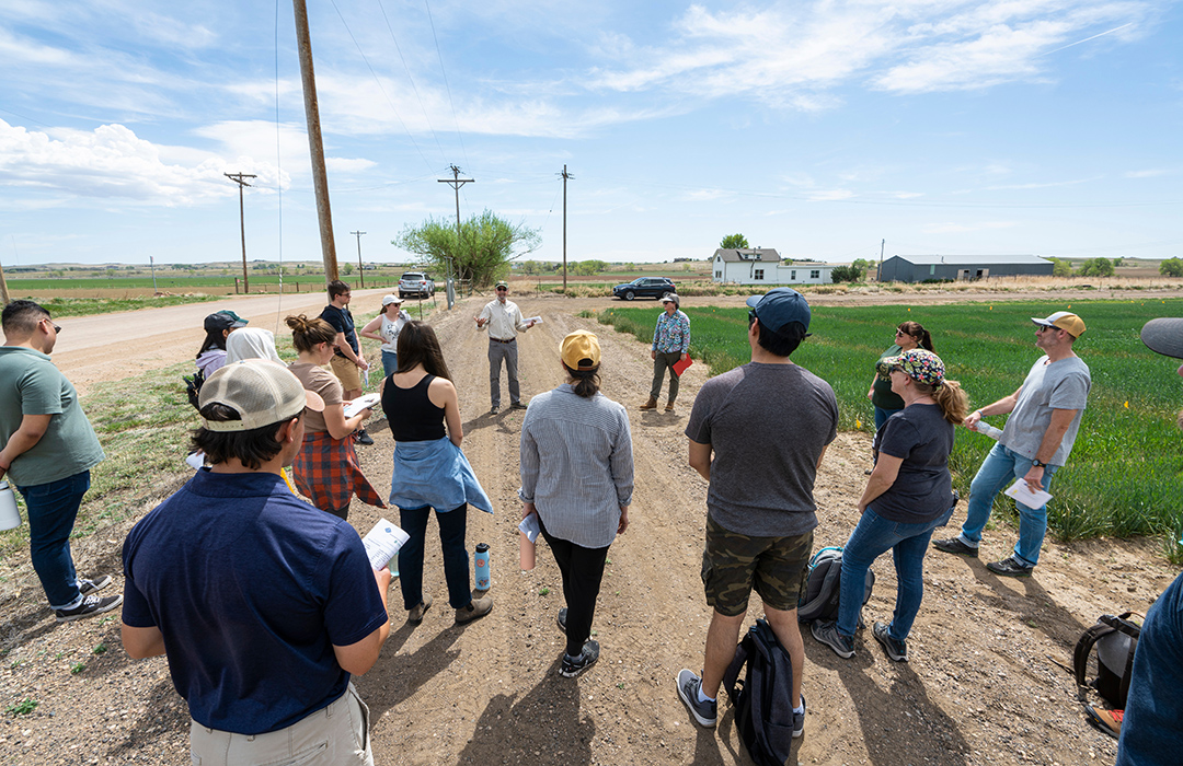 people outside in farm talking