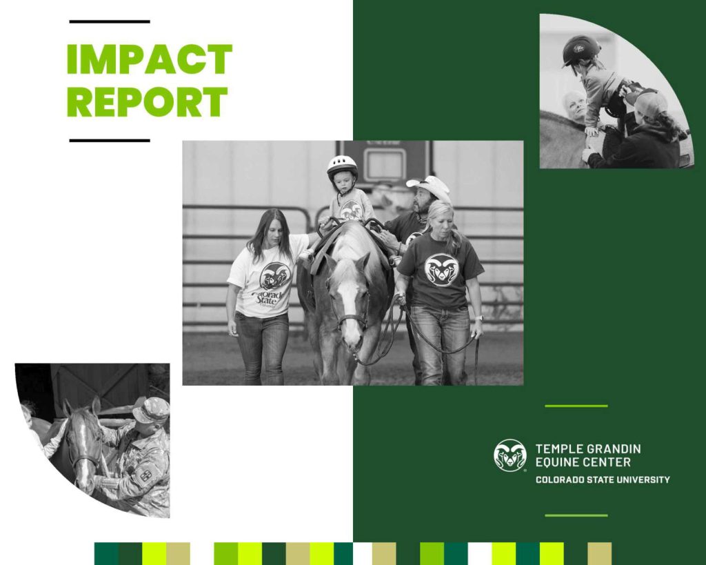 The front cover of the 2024 Temple Grandin Equine Center impact report. The cover features three black and white photos of adults and children working with horses, and is stylized with green and white details.