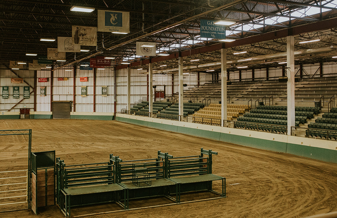 Equine center arena with dirt and seating