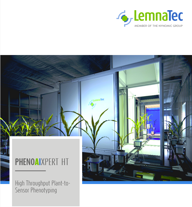 An ad for LemnaTec showing a green house. The text reads "LemnaTec: Member of Nynomic Group - PehnoAIXpert HT: High Throughput Plant-to-Sensor Phenotyping"